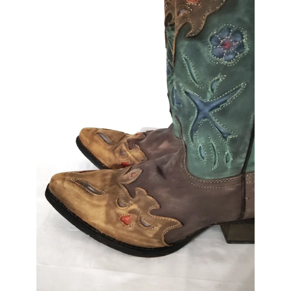 Dan Post Liberty Bird Brown Green Distressed Embroiderd Western Cowboy Boot 5.5Y